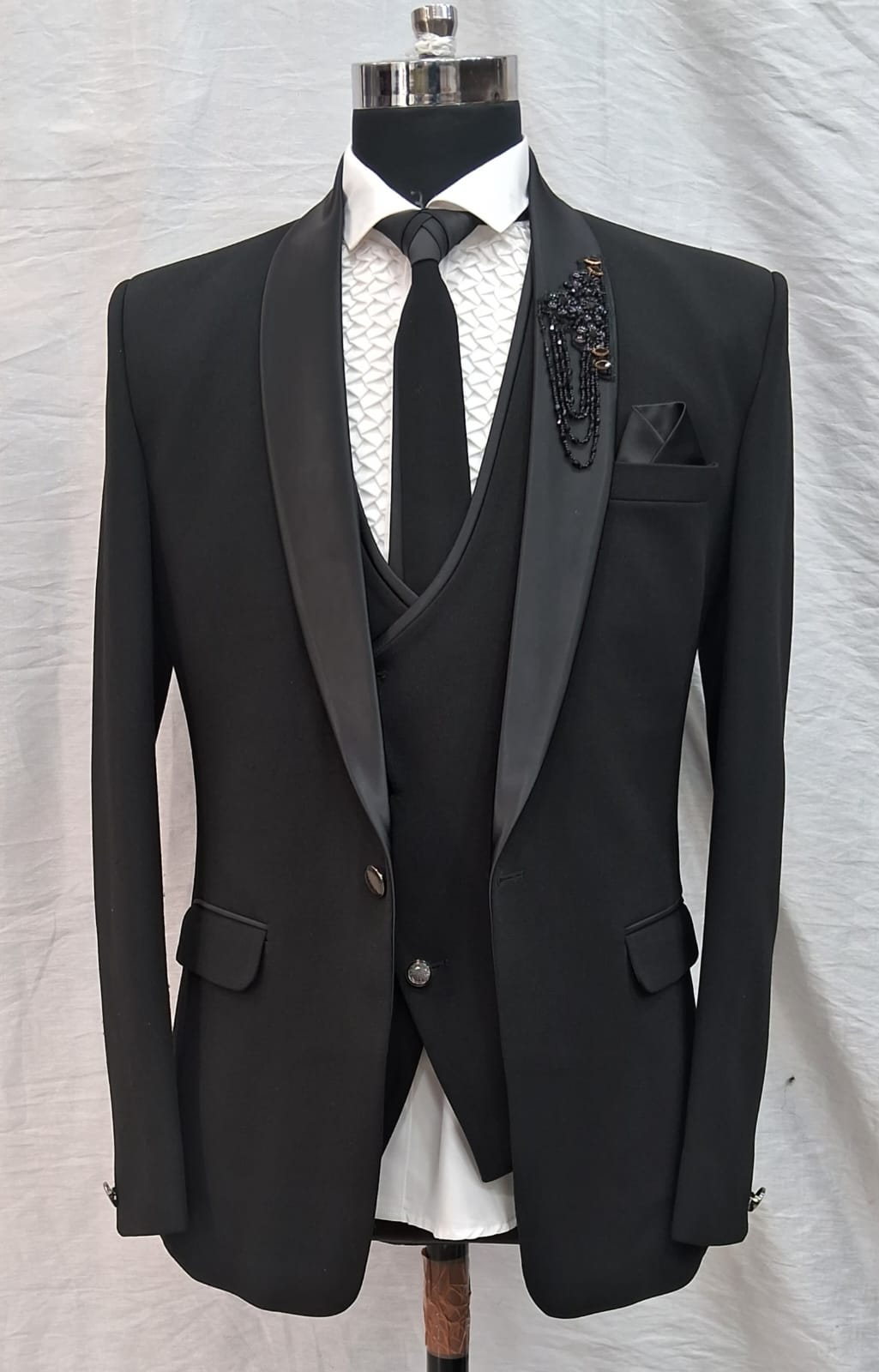Party Wear Plain Black 5 Piece Suit